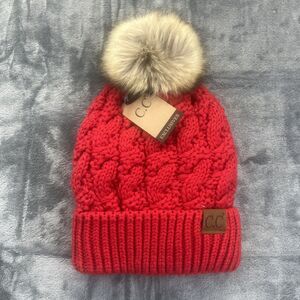 CC Beanie Red Thick Cable Knit Faux Fuzzy Fur Pom Fleece Lined Cuffed Cap